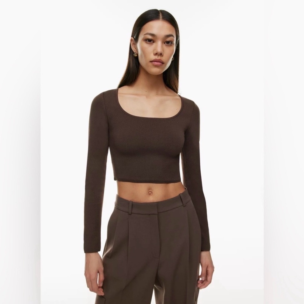 Aritzia Babaton Sculpt Knit Prominence Crop Long Sleeve Brown Top Small - Picture 1 of 5